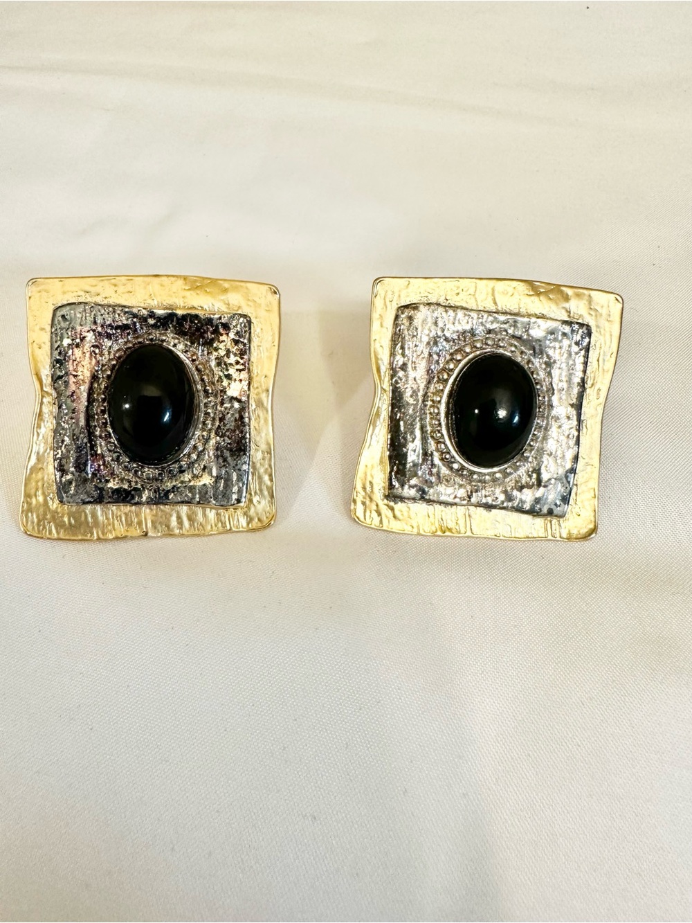 VTG Gold-Tone Square Clip-On Earrings with Black Cabochon
